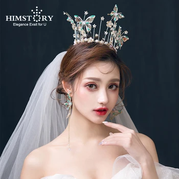 

Himstory Vintage Blue Butterfly Bridals Tiaras Crowns Baroque Round Brides Hairbands Wedding Hair accessories Prom Jewelry Gift