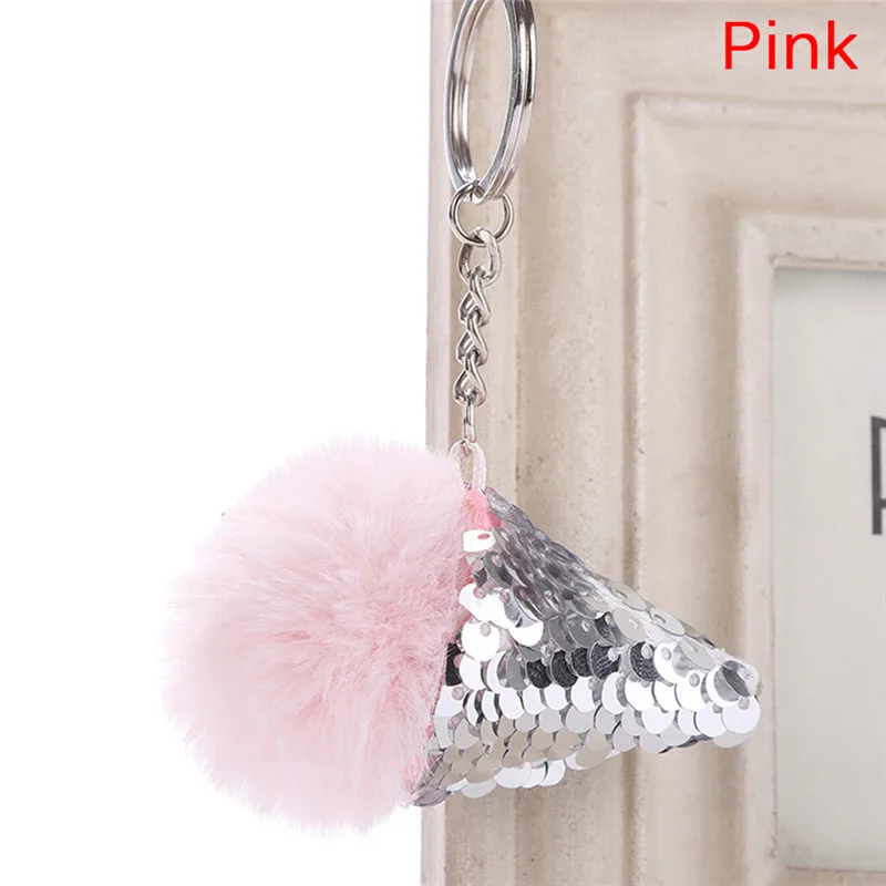Ice Cream Fur Ball Sequins Cone Keychain Furry Acrylic Keyring Women Pompon Backpack Shoulder Bags Pendant Key Chain Ring