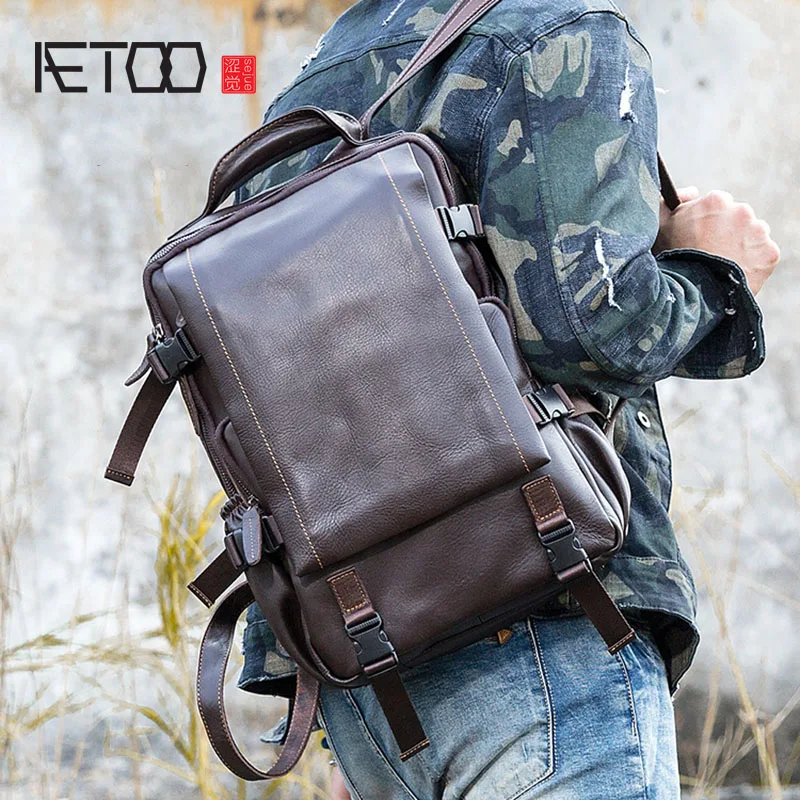 

BJYL Oil wax leather backpack men's first layer cowhide large capacity computer bag leisure travel bag original leather men's