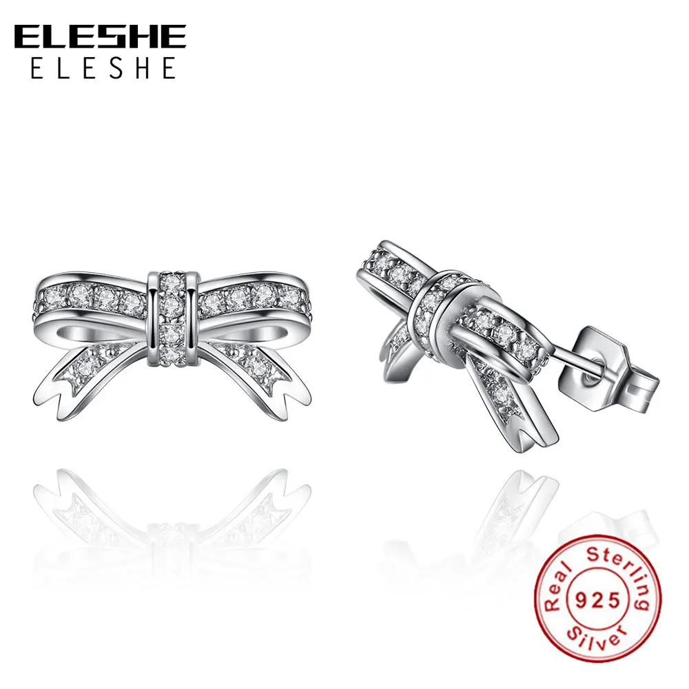 ELESHE 925 серебро лук знать серьги гвоздики для женщин девочек кристалл серьги серебряные свадебные украшения подарок на день Святого Валентина