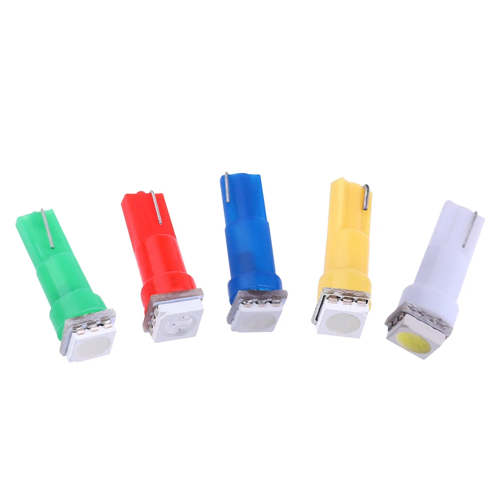 

10PCS NEW Colorful T5 1SMD 5050 LED Bulb Wedge Gauge Cluster Light Instrument Panel Car Styling Accessories 5 Colour