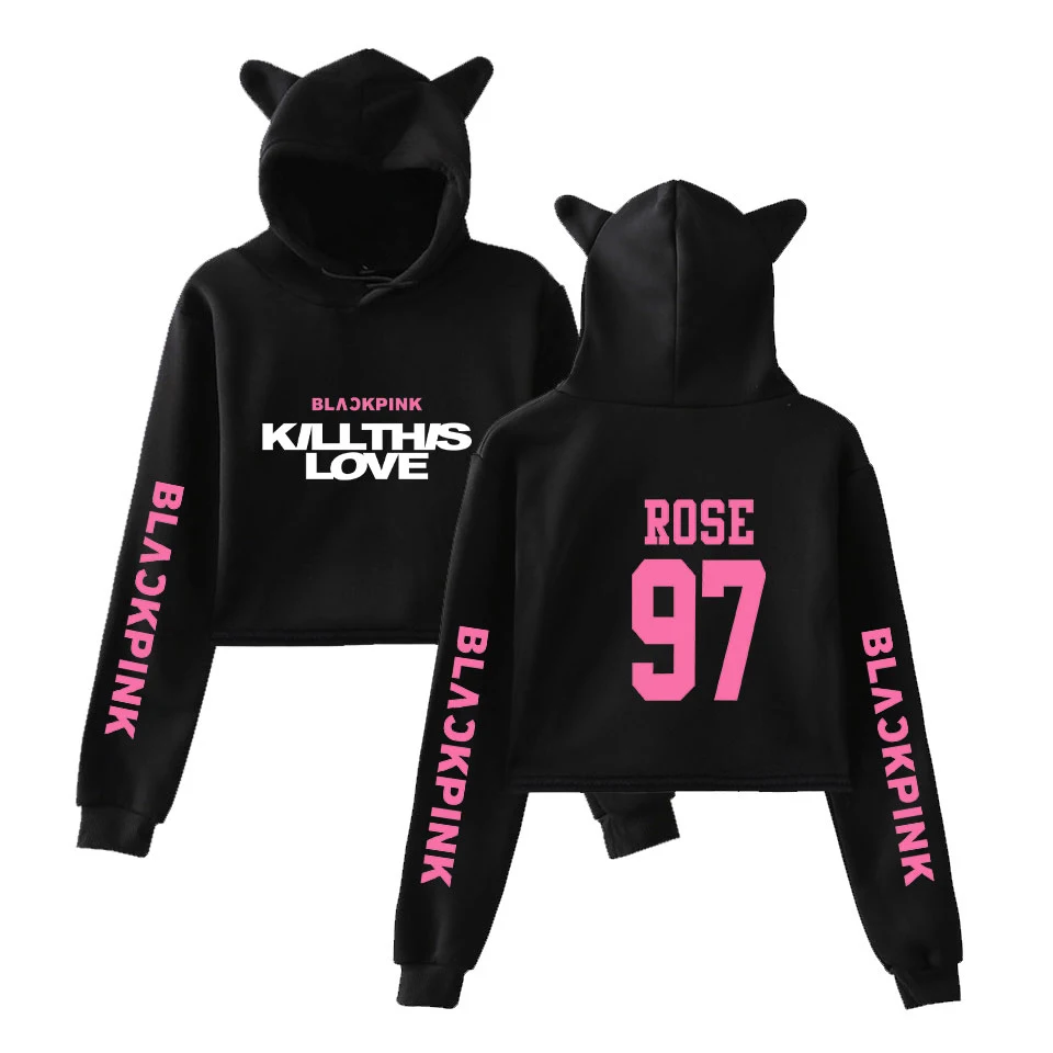 

Fashion HIP HOP style Black Pink KILL THIS LOVE print Cat Crop Top Women summer pop Hoodies Sexy K-pops hooded Harajuku