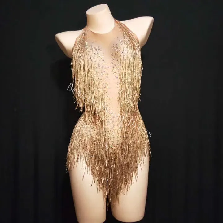 

Sparkly Gold Tassel Bodysuit Rhinestones Outfit Glisten Beads Costume One-piece Dance Wear Singer Stage Leotard Headdress