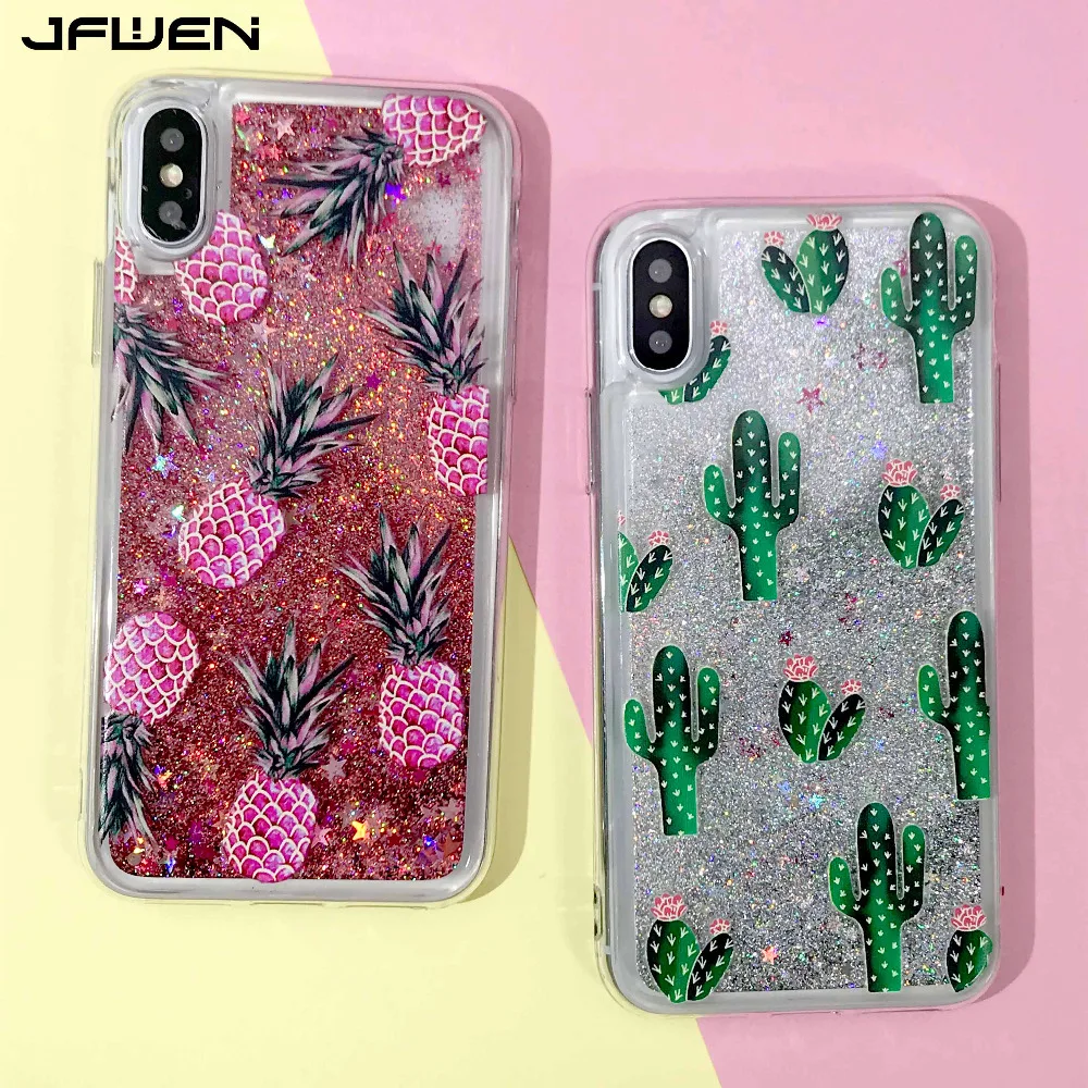 

Phone Case For iphone 7 8 Plus X XS Max XR Case Bling Glitter Cactus Pineapple Liquid Back Cover For iPhone 6 6S 7 8 Plus X Case