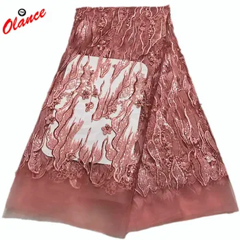 

Single peach color beautiful design with same color beads and sequins dress Fabric 2W62 Free shipping Tulle Lace Fabric