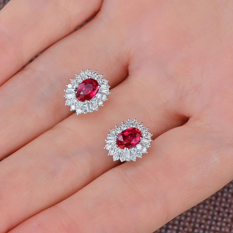 Caimao 1.18ct Red Ruby Earrings with 0.62ct H SI Diamond 14kt White Gold Exquisite Studs