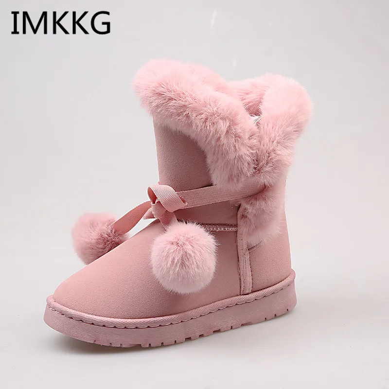 Warm Fur Women Snow Boots Cute Suede Winter Shoes Fur Ball Mid Calf