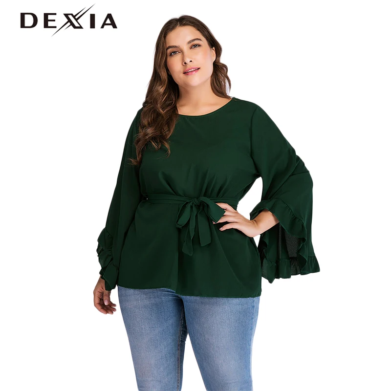 DEXIA плюс Размеры 3XL 4XL зеленый блузка Для женщин длинными расклешенными рукавами