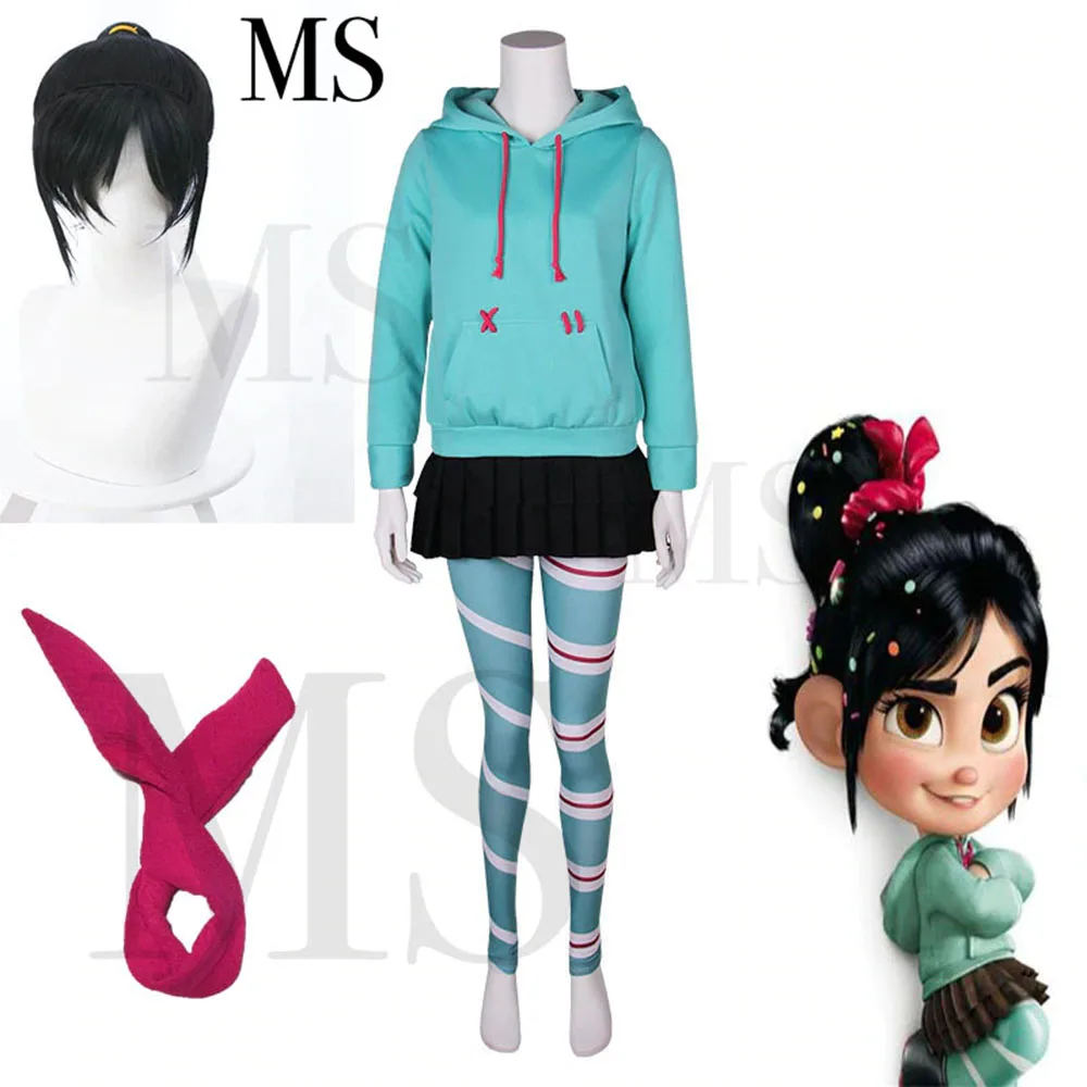 

Wreck-It Ralph Cosplay costume Vanellope von Schweetz game anime hoodies wig skirt pantyhose hairband for kids girl women