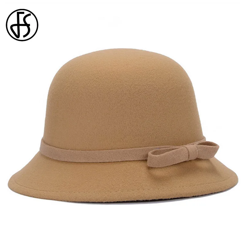 

FS Women Bow Cloche Hat Winter Classic Vintage Solid Color Bowler Fedoras Ladies Wide Brim Church Hats Casual Felt Caps