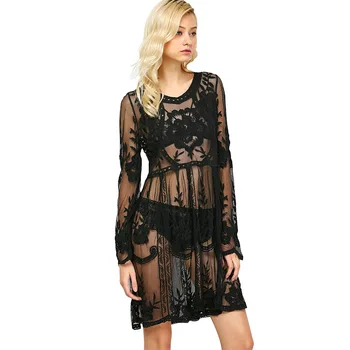 

Beach Embroidered Openwork Round Neck Beach Dress Mesh Lace Long Sleeve Dress Cover Ups Beach Wear Swimwear Women 2019 New