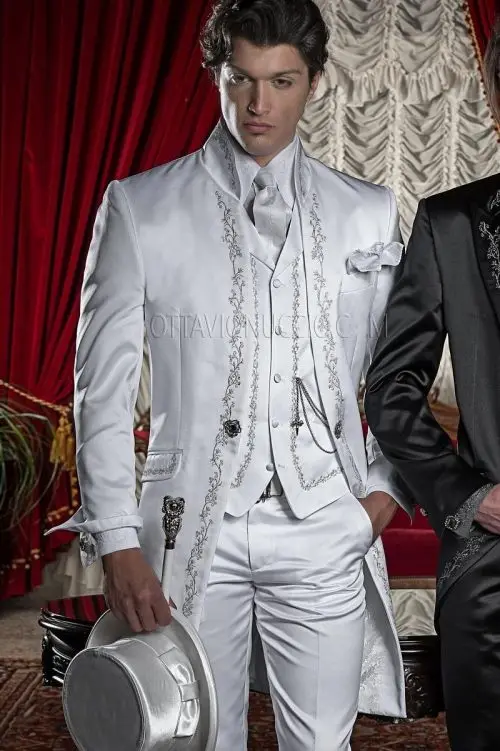 Image 2016 New Style White Embroidery Groom Tuxedos Groomsmen Men s Wedding Prom Suits Custom Made (Jacket+Pants+Vest+Tie)