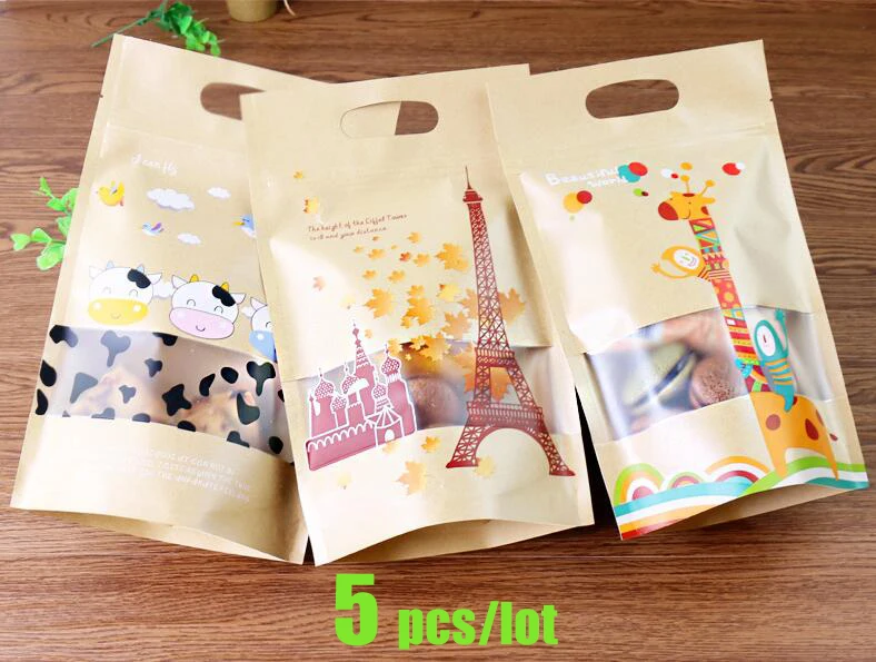 

5 pcs High-quality Kraft Paper Cookie Bag Baking Packs Iron tower/Cow/Giraffe Pattern Packaging for Cookies Gift packaging bag