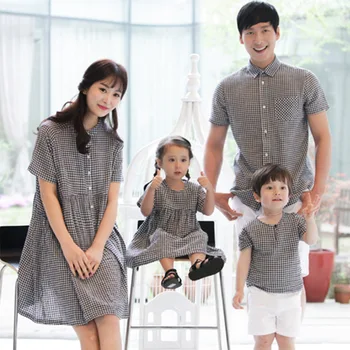 

Mother and Son Daughter Matching Dress Shirt Clothes 100% Cotton Father Son Baby Matching Plaid Shirts Clothes for Family Look