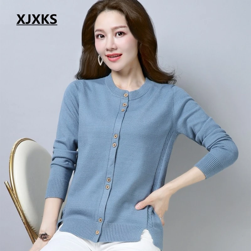 

XJXKS Single breasted cardigan women jumper round neck new selling 2018 fall fashion streetwear women cardigans sweater