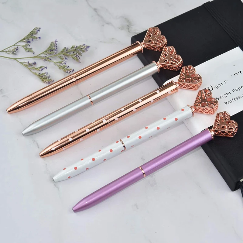 

5Pcs Big Crystal Diamond Pen,Heart Shaped Pen,Bling Metal Ballpoint Pen School and Office Supplies,Rose Gold/Silver/White/Purp