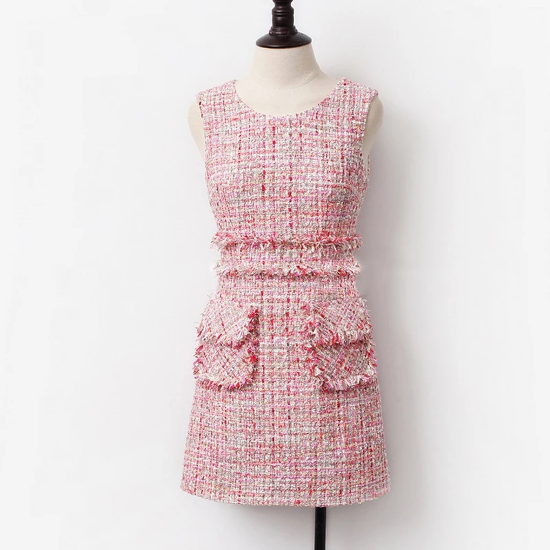 Розовое твидовое платье без рукавов весна/осень Женское платье с кисточками дамское тонкое платье цельное