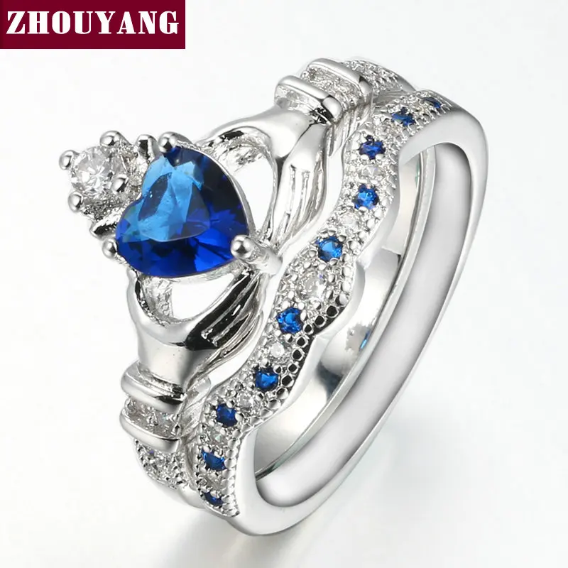 Holding the Created Blue Crystal love Heart Cubic Zirconia Crown Wedding Ring Sets Silver Color Blue Crystal 2016 new ZYR616