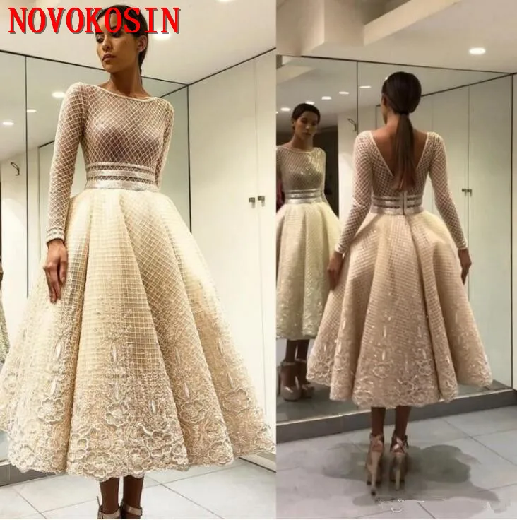 

2019 Sequined Tulle V Back Prom Dress Appliqued Long Sleeves Beaded Party Evening Dress Vestido De Fiesta Tea Length Formal Gown