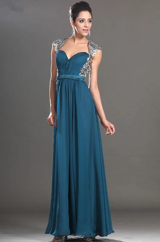 

Blue Evening Dresses 2019 A-line Cap Sleeves Chiffon Sequins Long Formal Party Evening Gown Prom Dresses Robe De Soiree