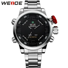 WEIDE Роскошные Серебряные Часы Из Нержавеющей Стали Мужские Кварцевые Цифровой СВЕТОДИОДНЫЙ Двойной Движение Сигнализации Авто Дата Водонепроницаемый Мода Повседневная Часы