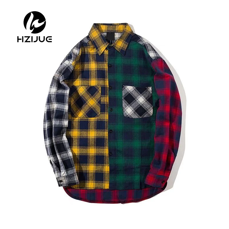 

Color Block Patchwork Turn-down Collar Men's Shirt 2017 Flannel Plaid Hip Hop Shirts Men High Street Shirt