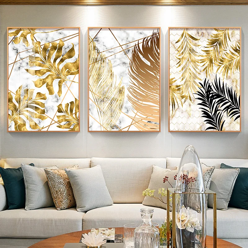 

Nordic style Golden leaf canvas painting posters and print modern decor wall art pictures for living room bedroom dinning room
