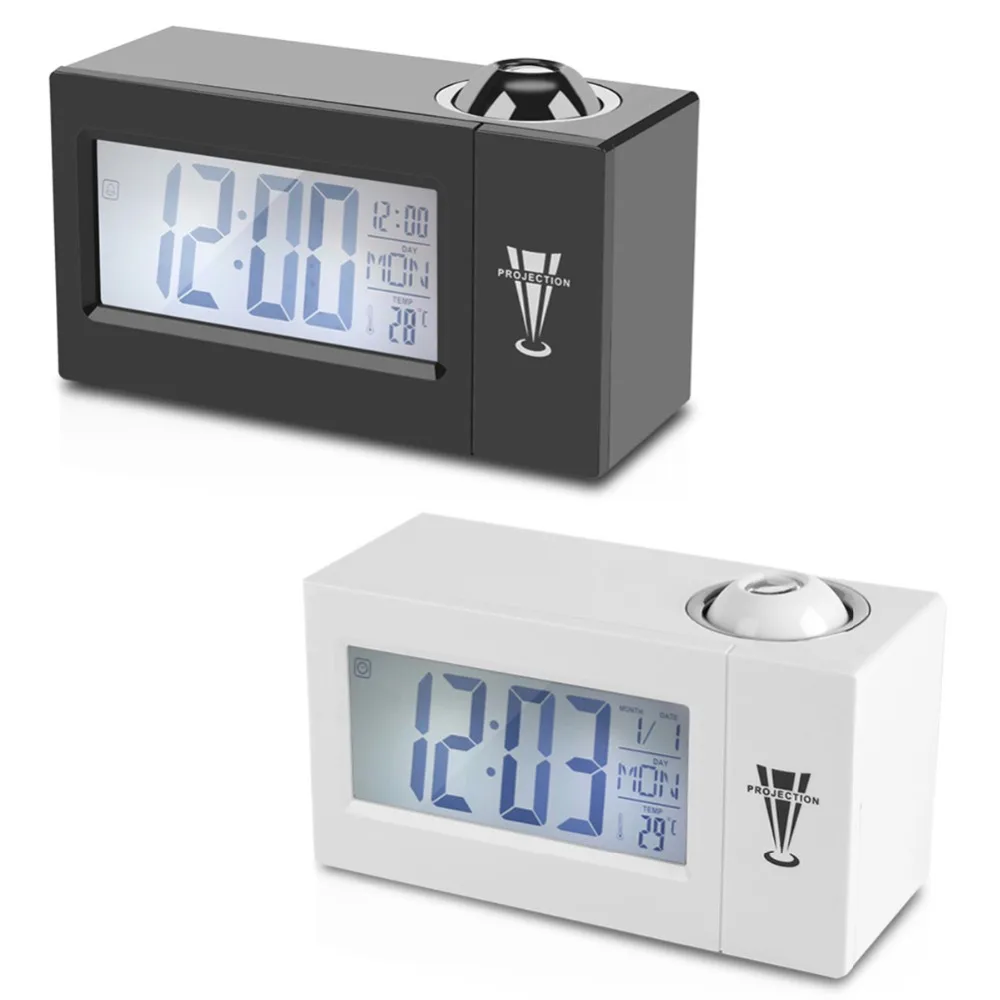 

LCD Screen Digital LED Projection Alarm Clock Calendar Temperature Humidity Wake Up Snooze Function Table Desk Clock Night Light