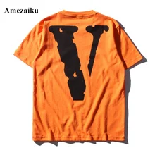t shirt V letter printing short sleeve cotton loose black orange t-shirts men’s casual brand clothing Amezaiku 2017 summer tees
