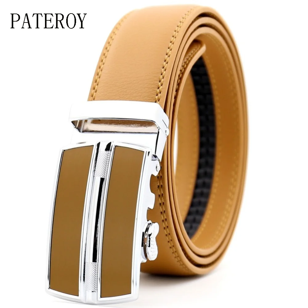 

Pateroy Belts for men genuine leather cowskin yellow belt automatic buckle high quality business male men's belt 130cm LY0257-23