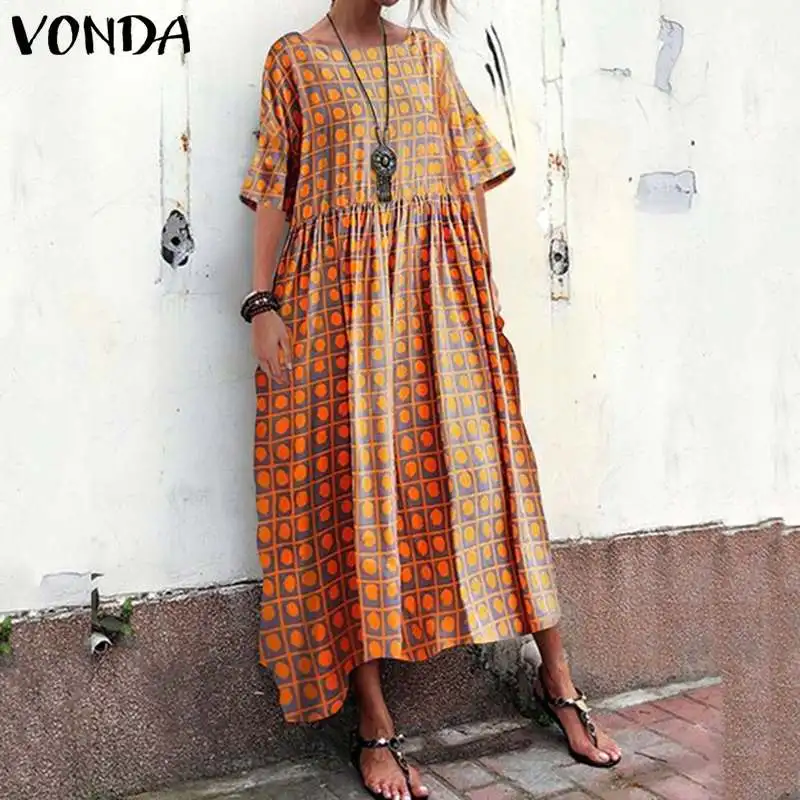 

Summer Sundress Floral Printed Casual Dress Women's Check Dress 2019 VONDA Female 1/2 Sleeve Check Plaid Vestidos Robe Femme 5XL