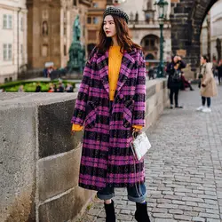 Фиолетовый плед шерстяное пальто зима 2019 Новый Европейский Американский большой размер женский костюм воротник раскраски длинное пальто
