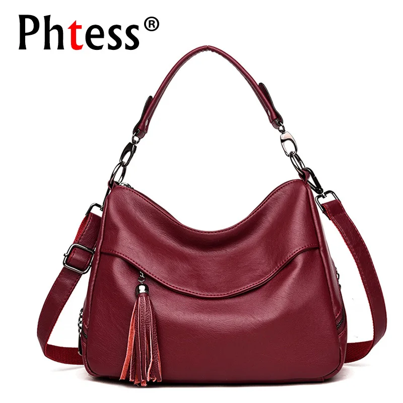 cheap 2019 Women Soft Leather Handbags High Quality Sac A Main Ladies Hand Bag Top handle Vintage Leather Shoulder Bag Tassel Solid