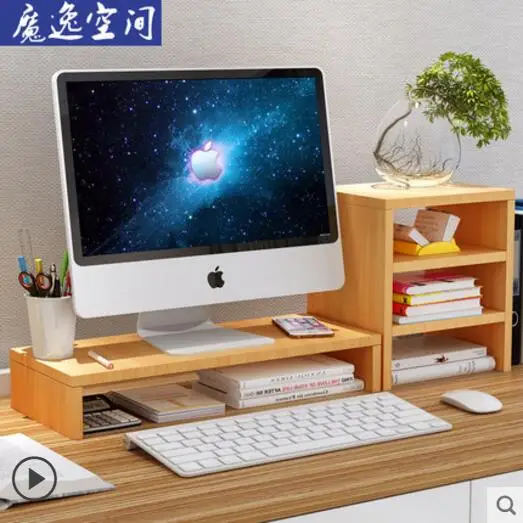 

Computer monitor, office desk, desktop, elevated shelf, pedestal, desk, keyboard, storage pad, and shelf