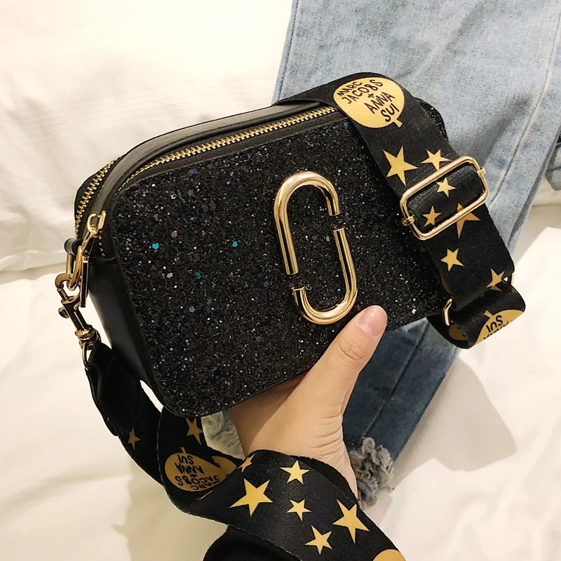 

Fashion Sequin Square Bag Designer Star Wide Strap Women Shoulder Bags Luxury Pu Female Crossbody Bag Small Flap Female Purses
