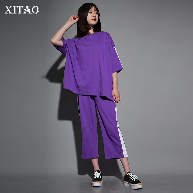 

[XITAO] 2018 Summer Korea Casual Women Half Sleeve O-Neck Tops Female Striped Elastic Waist Ankle-Length Pants Twinset KZH0001