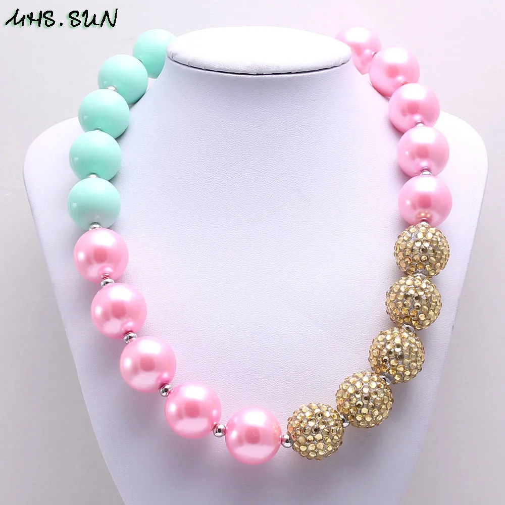 BN575-1 (5),$5.85.Fashion Kids Girls Beads Necklace PinkBlueGold Bubblegum Chunky Necklace For Toddler Child Gift Handmade Jewelry