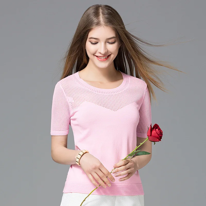 

Women Pullovers 2019 New Summer O-Neck Short Sleeve Slim Pullover Blouses Hollow Out Knitted Sweater Shirts Knitwear Mujer