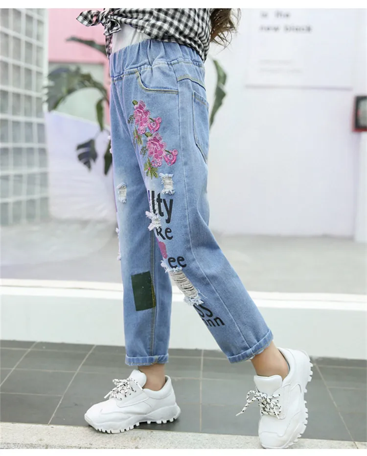 3-12 y kids girls jeans child fashion ripped jeans for girls 12 years teenage girl clothes denim pants flower embroidery trouser (4)