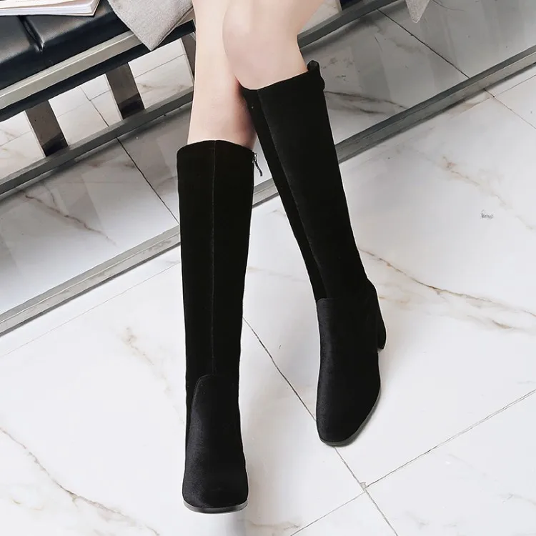 

Big Size 9 10 11 12 Square-headed pure-color zipper boots with thick heels