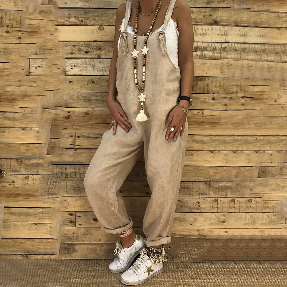 Cotton Linen Women's Sleeveless Jumpsuits Vintage Solid Loose Pompers