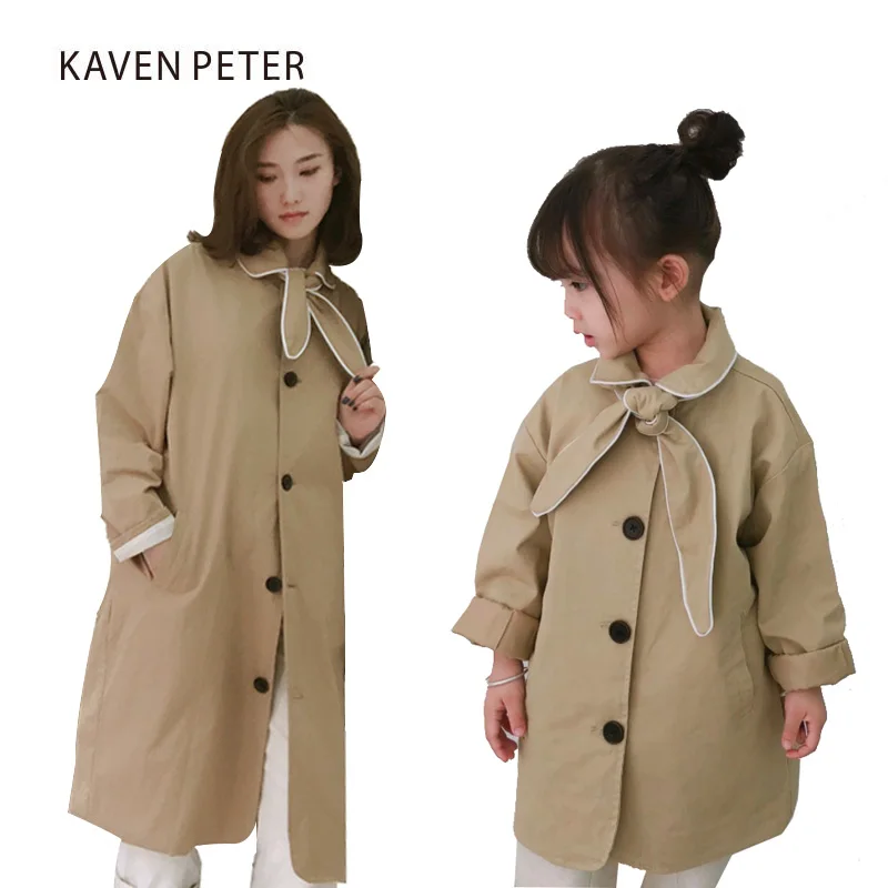 

Trench coat for mother and daughter 2018 Autumn Sping long trench coat loose with Headband cotton Khaki trench coat long sleeve
