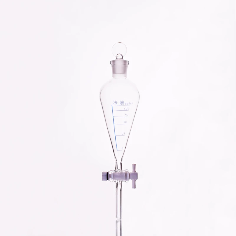 

Separatory funnel pear shape,with ground-in glass stopper and stopcock.Capacity 125ml,PTFE switch valve