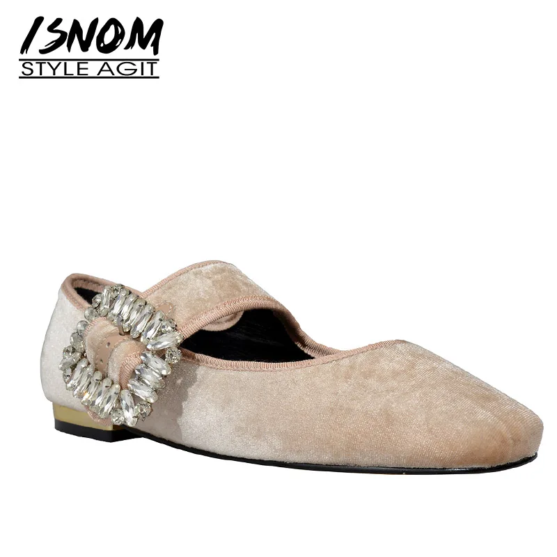 

ISNOM Pleuche Flats Women Square Toe Footwear Casual Crystal Buckle Shoes Female Mary Jane Girl Shoes Woman 2019 Spring New
