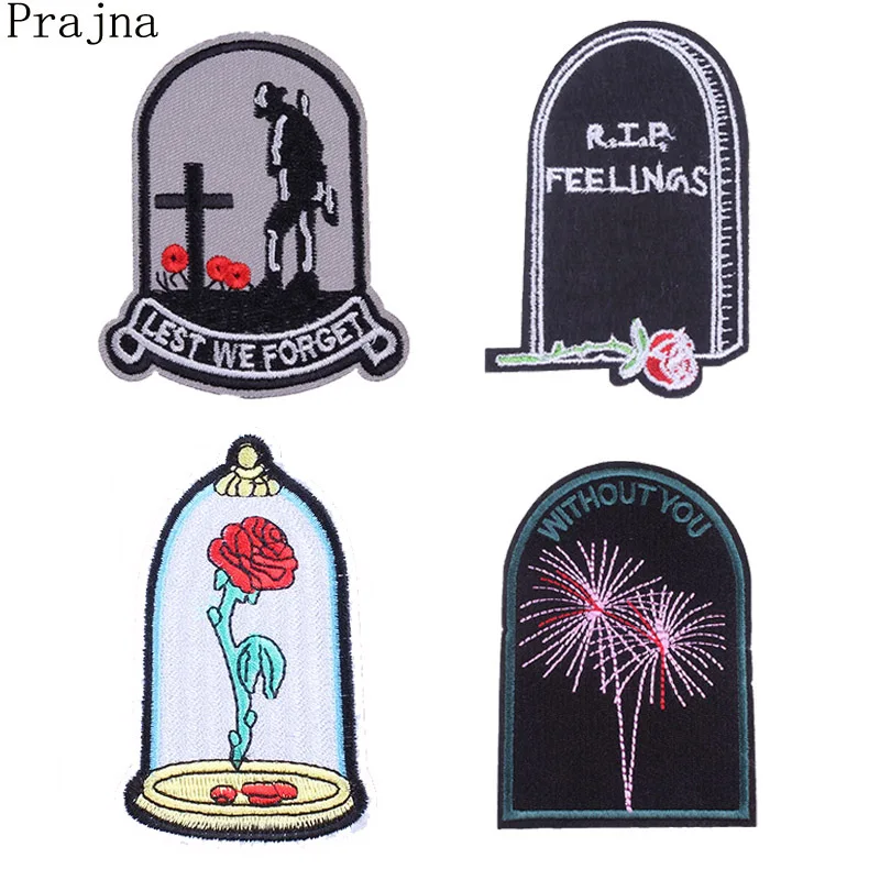 

Prajna Gothic Grave Black Stranger Things Patch Iron On Embroidered Patch Clothes Applique Sewing Fabric Patches Punk Parches