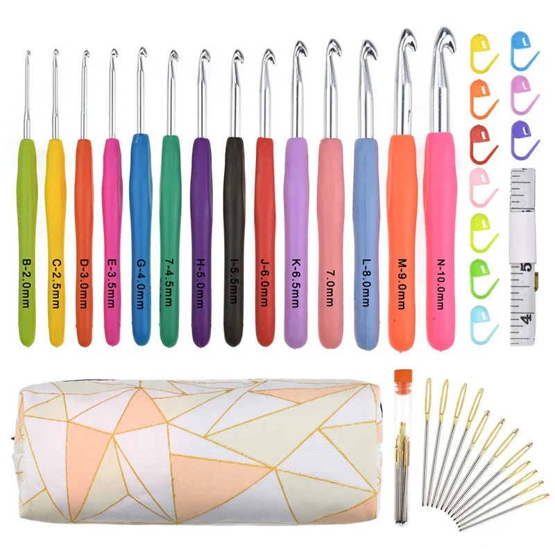 

Crochet Hooks Set 14 PCS 2mm(B)-10mm(N) Ergonomic Soft Grip Long Handles Yarn Knitting Needles Kit with Case for Arthritic Hands