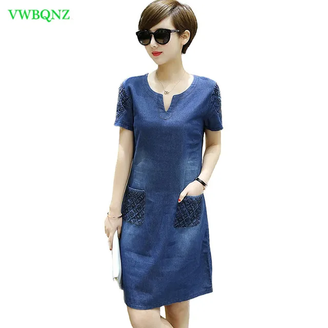 Plus size Women Short sleeve Denim Dress Summer Vintage Slim V collar