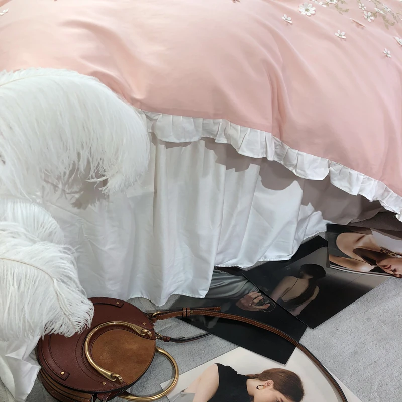 Комплект постельного белья из египетского хлопка, розовый, серый, принцесса, роскошный пододеяльник, постельное белье, королева/король размер, кровать, юбка, покрывало, parure de lit