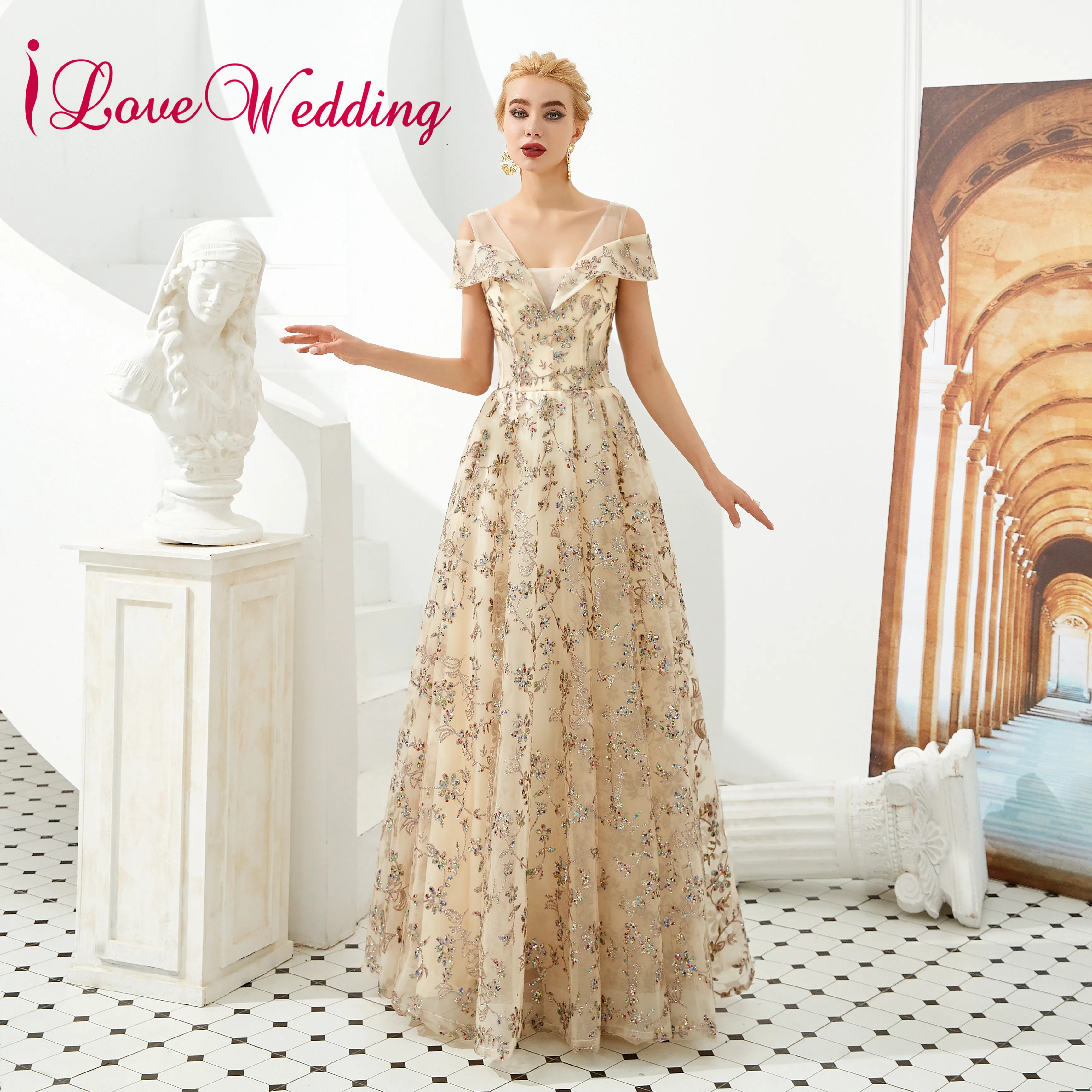 

New Arrival 2019 Evening Dresses Off the Shoulder Gold Lace Custom made A Ling Formal Long Evening Gown for Party