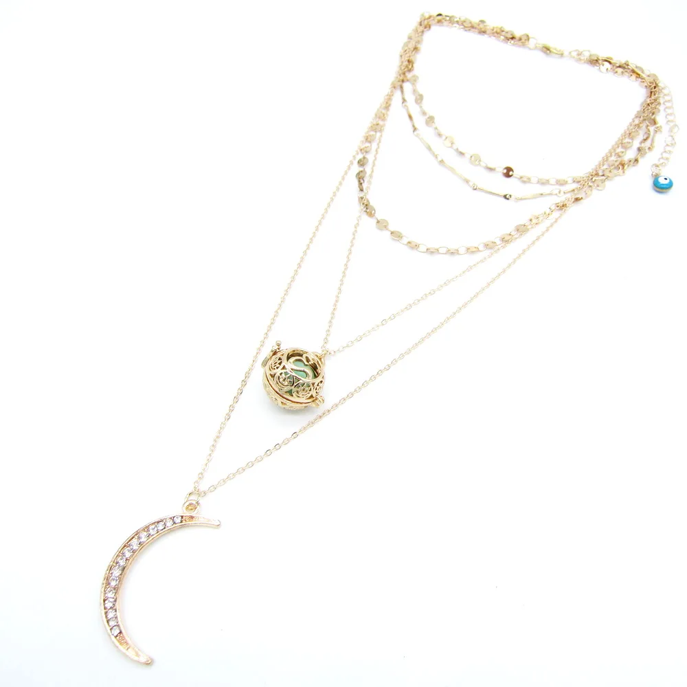

New Hot Sale Golden Design Discs Choker Multi Chain Layered Moon Pendant and Locket Oil Diffuser Perfume Women`s Chain Necklace